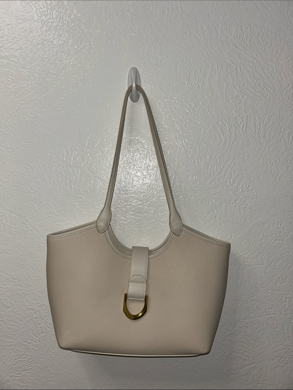 Cream Shoulder Tote with Gold D-Ring Accent